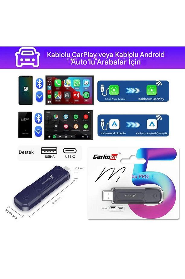 Mini 5 Pro Kablosuz Araç Adaptörü 2in1 Carplay & Android Auto Hızlı Bluetooth Wifi 2025 Yeni Model - 6
