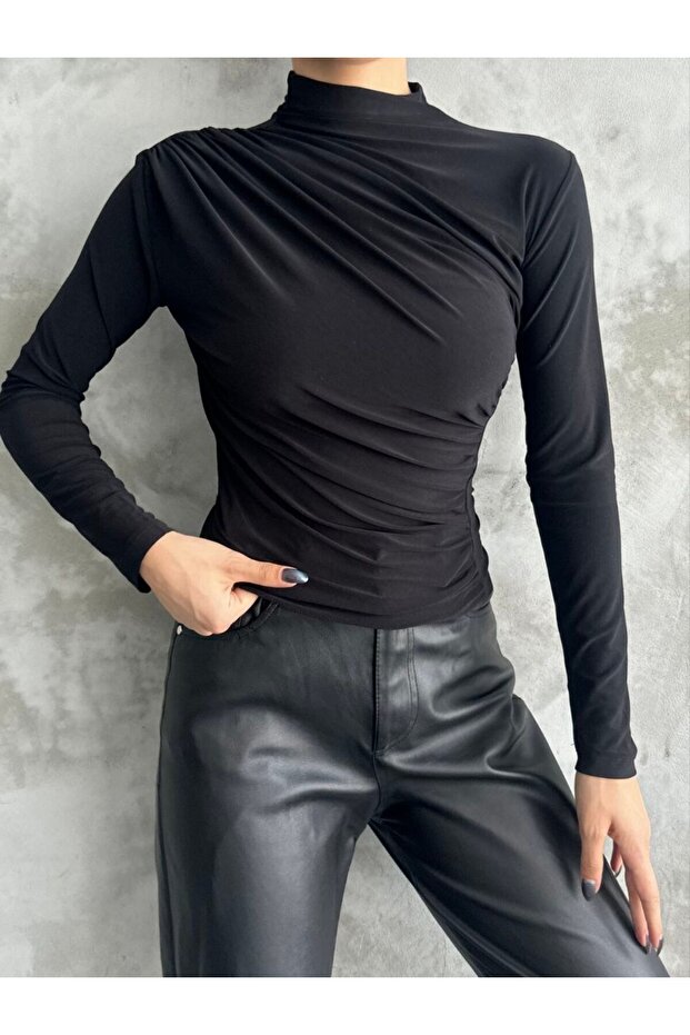 Draped Black Stand Collar Blouse - 2