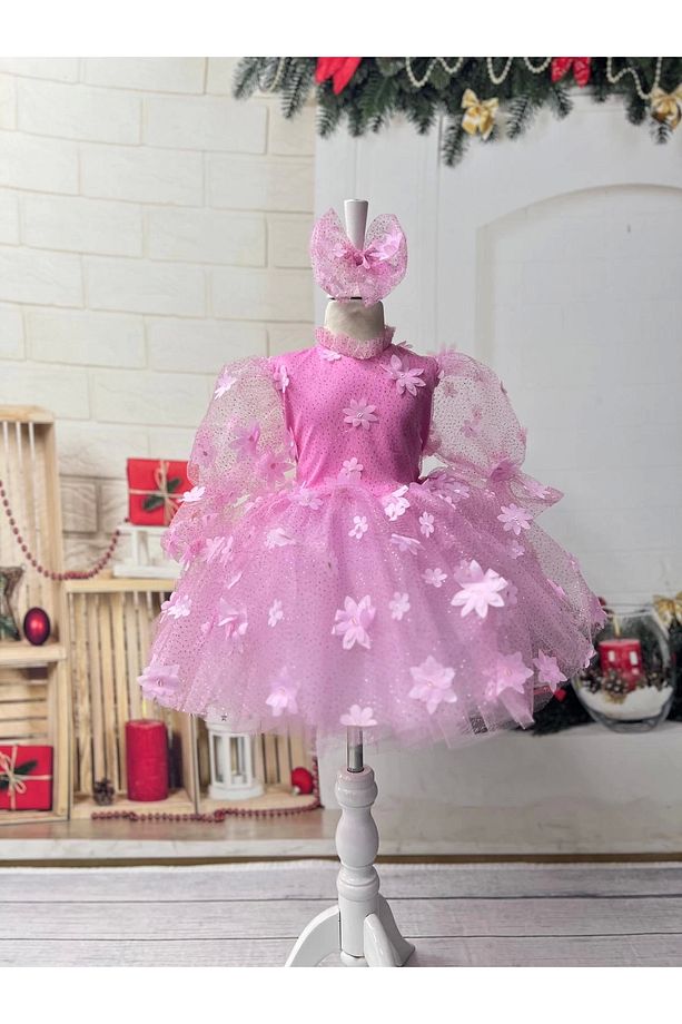 Pembe 3D Çicek desenli Kız Çocuk Elbises - 6