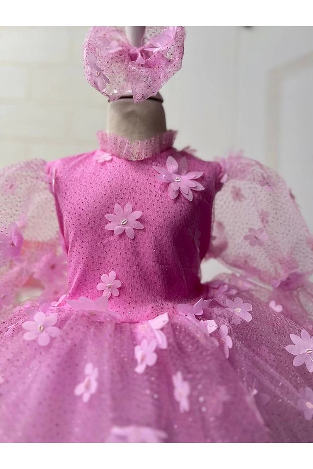 Pembe 3D Çicek desenli Kız Çocuk Elbises - 3