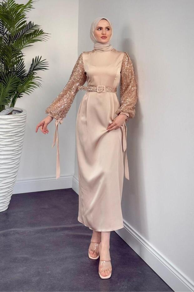 Bead Embroidered Belted Cream Evening Dress - Şehla