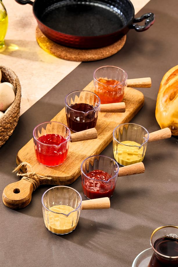 6'lı Ahşap Saplı Mıka Reçellik Sosluk Sofra Sunum Kahvaltı Seti - Ahşap Saplı Sunumluk 80 ml - 1