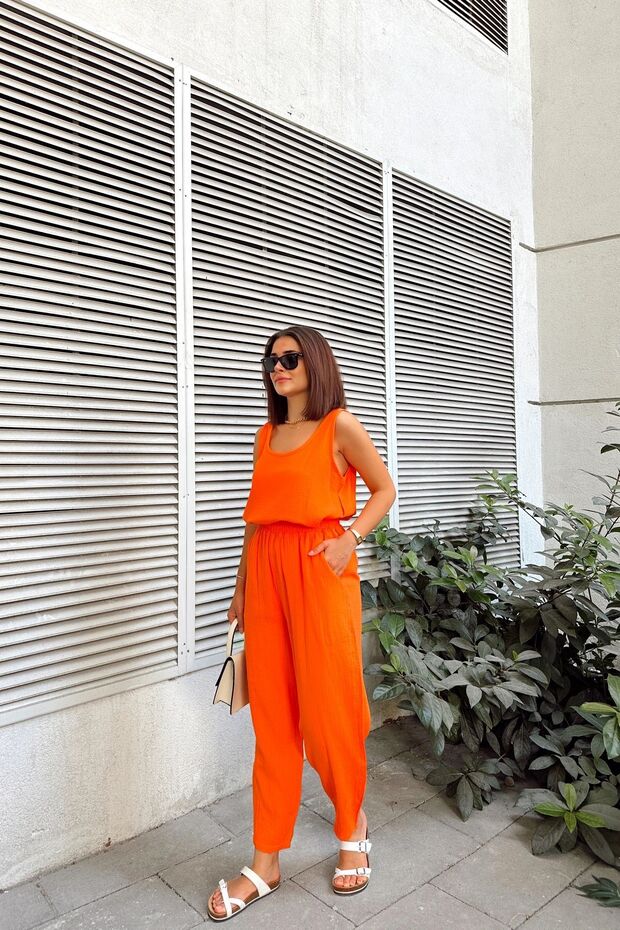 Orange Imported Muslin Fabric, Basic, Layered, Loose Strap Blouse & Undershirt - 5