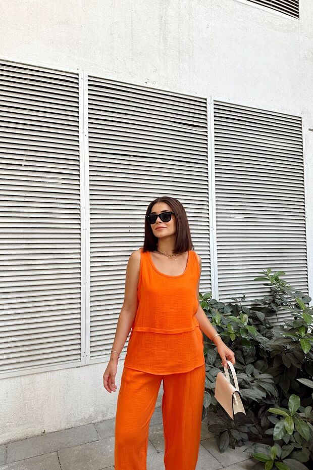 Orange Imported Muslin Fabric, Basic, Layered, Loose Strap Blouse & Undershirt - 2
