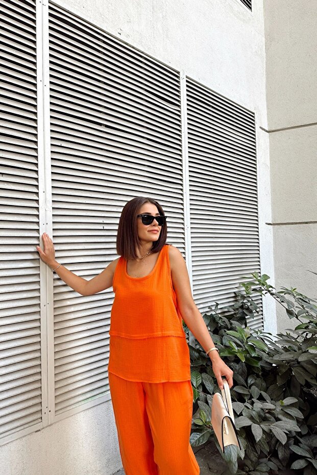 Orange Imported Muslin Fabric, Basic, Layered, Loose Strap Blouse & Undershirt - 8