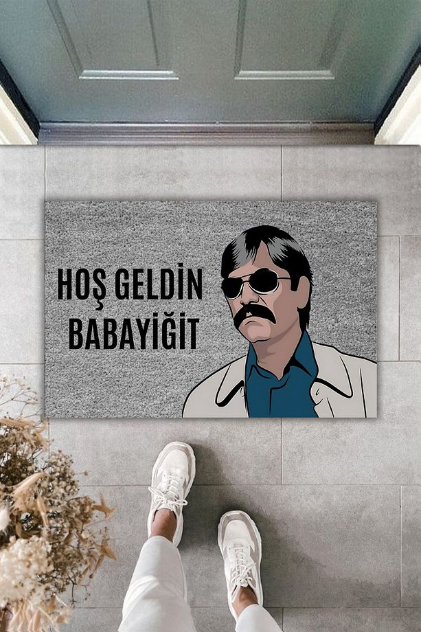 Modern Dijital Baskı Paspas - Gri - Hoş Geldin Babayiğit Karşılama - Kapı Önü Paspas - 1
