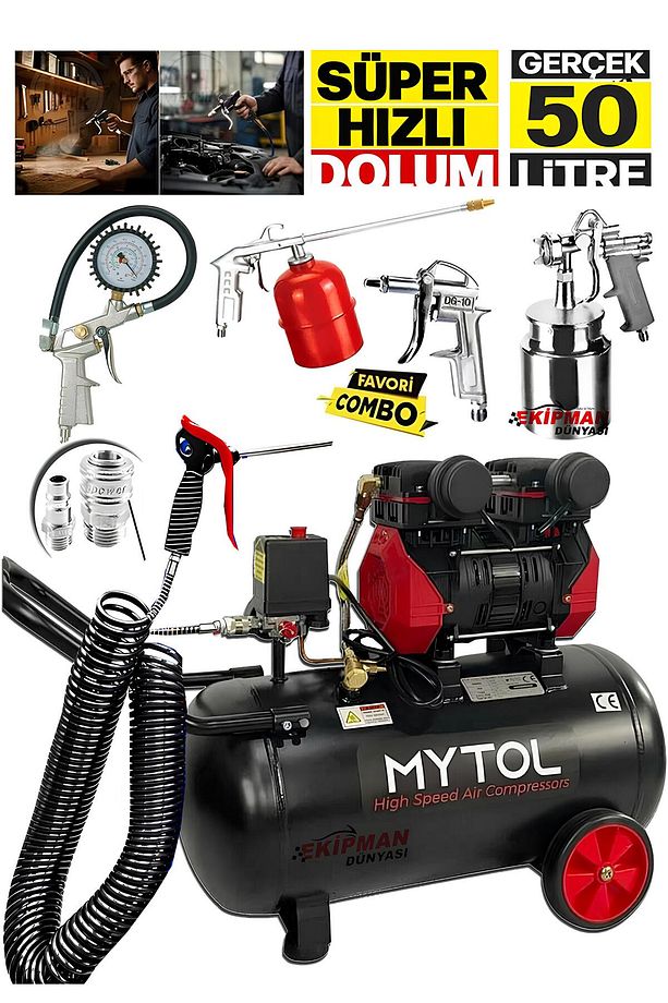 En Çok Tercih Edilen 1,5 Hp 50 Litre Yağsız Sessiz Hava Kompresörü Ve Havalı Alet Seti Boya Seti - 1