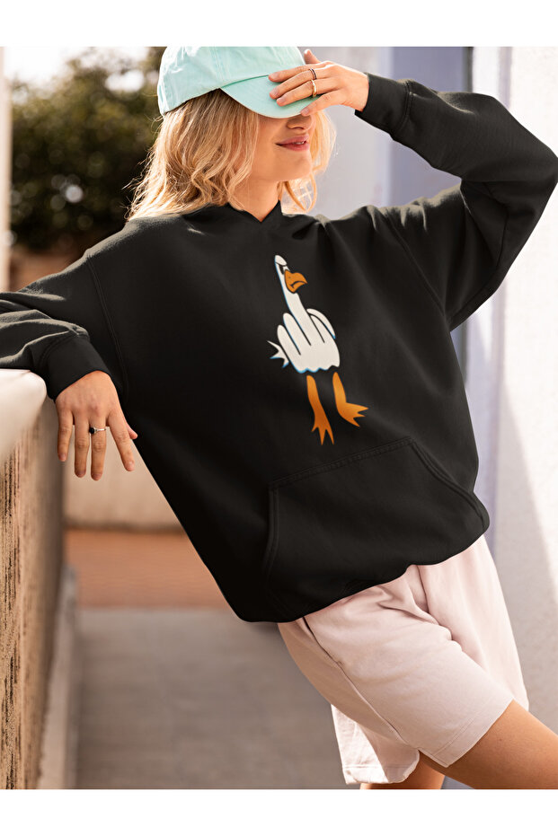 Duck Printed Women's Cotton Long Sleeve 3 Thread Hooded Sweatshirt