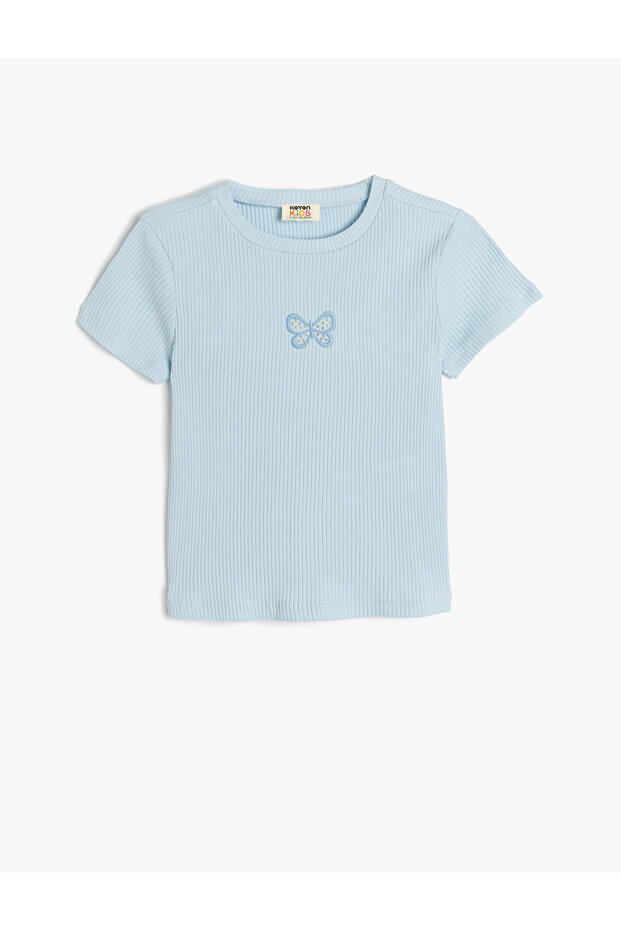 Butterfly Embroidery Detailed Crew Neck Ribbed Cotton Crop T-Shirt
