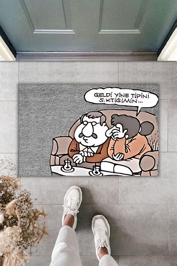 Modern Dijital Baskı Paspas - Karikatür - Geldi Yine Tipini.. - Mizah  - Kapı Önü Paspas Gri Fon - 1