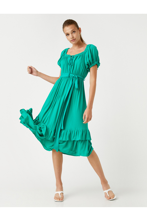 Midi Length Viscose Dress with Flounces