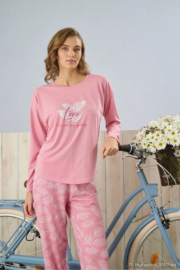 Polyviskon Uzun Kollu Pembe Pijama Takımı - 7300 - 1