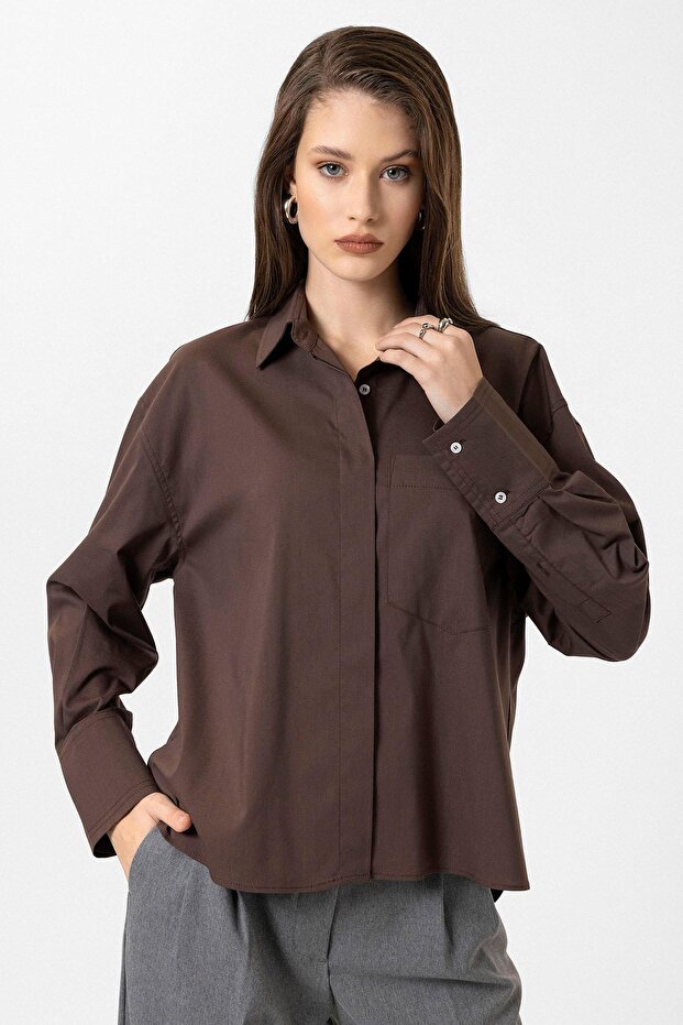 Kahve Kadın Basic Oversize Gömlek - 1