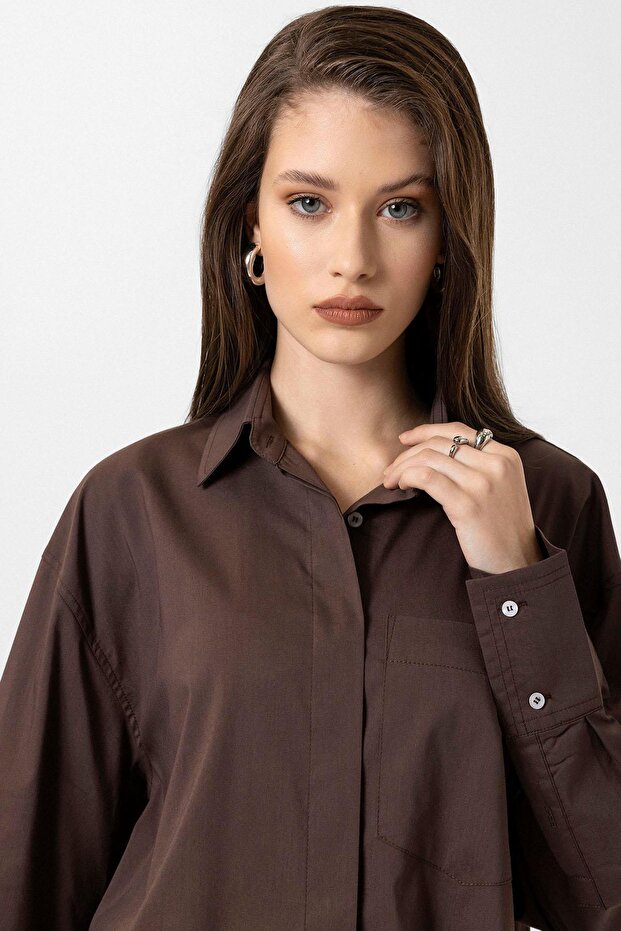 Kahve Kadın Basic Oversize Gömlek - 6