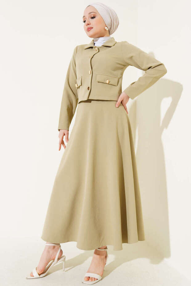 Women's Gold Buttoned Skirted Two-Piece Suit - Green