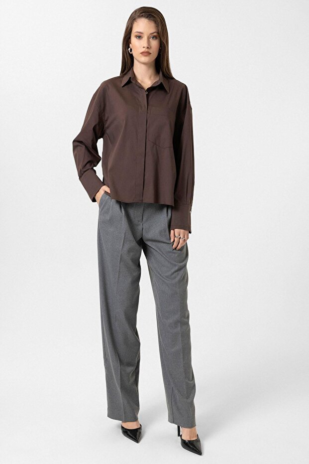 Kahve Kadın Basic Oversize Gömlek - 3