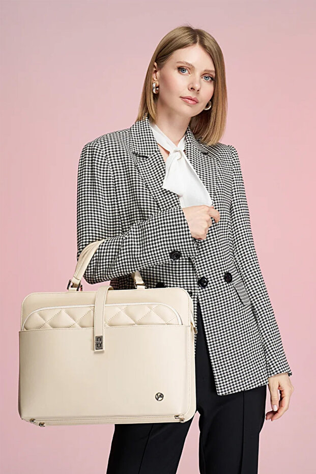 Women's Briefcase Laptop Bag Quilted Ecru