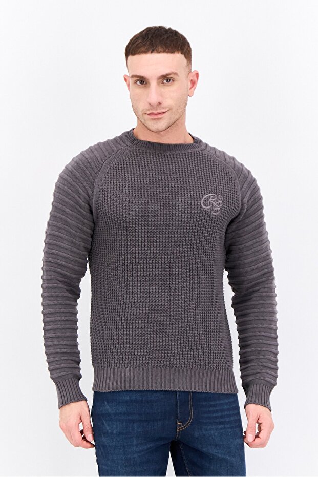 Men Crew Neck Long Sleeves Embroidered Logo Sweater, Charcoal Grey