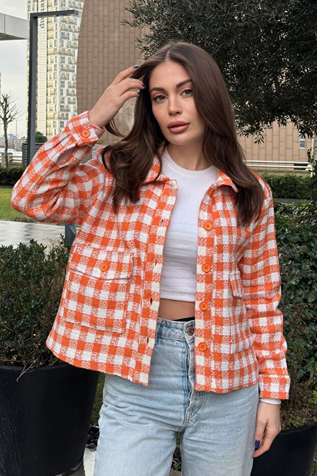Women's Orange Double Pocket, Gingham Pattern, Comfortable Fit, Short Tweed Jacket