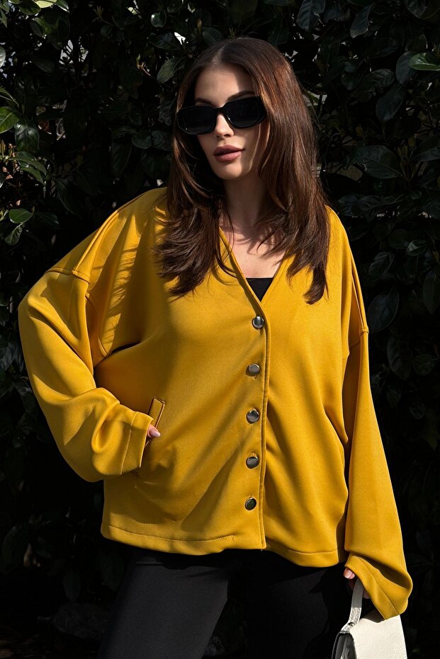 Women's Mustard Scuba Fabric, Silver Button Detail, Loose Jacket Blouse