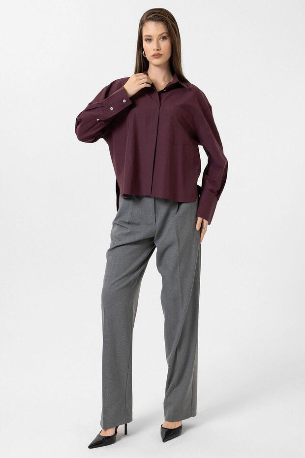 Bordo Kadın Basic Poplin Gömlek - 4