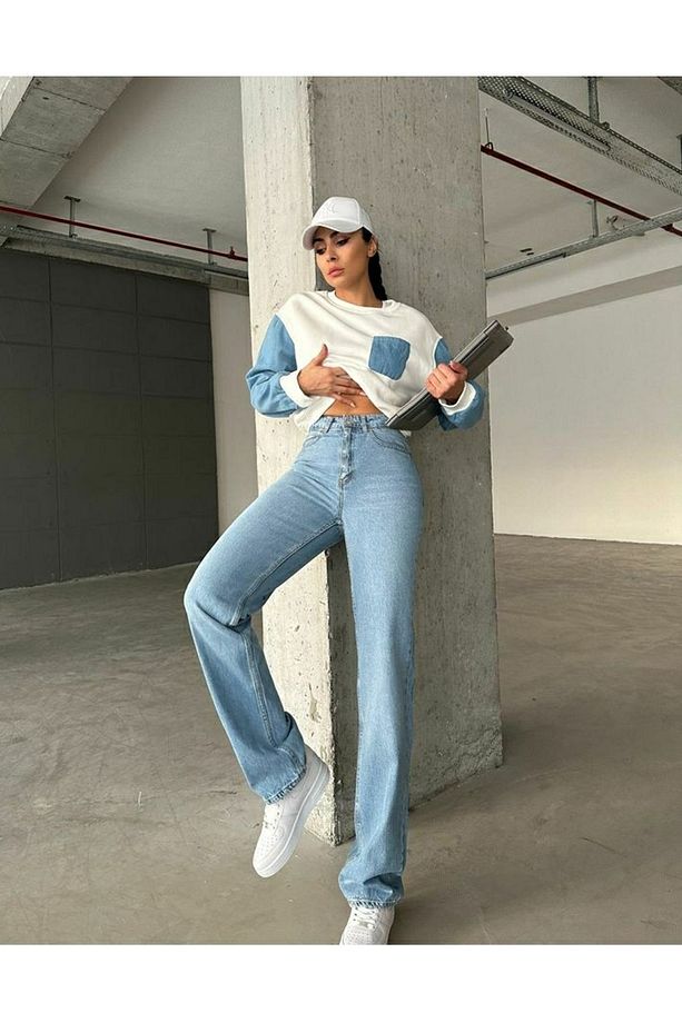 Milano Gizem Julia 90's Lara Power Likralı Kadın Açık Mavi Kar Yıkama Yüksek Bel Salaş Paça (NEW) - 1