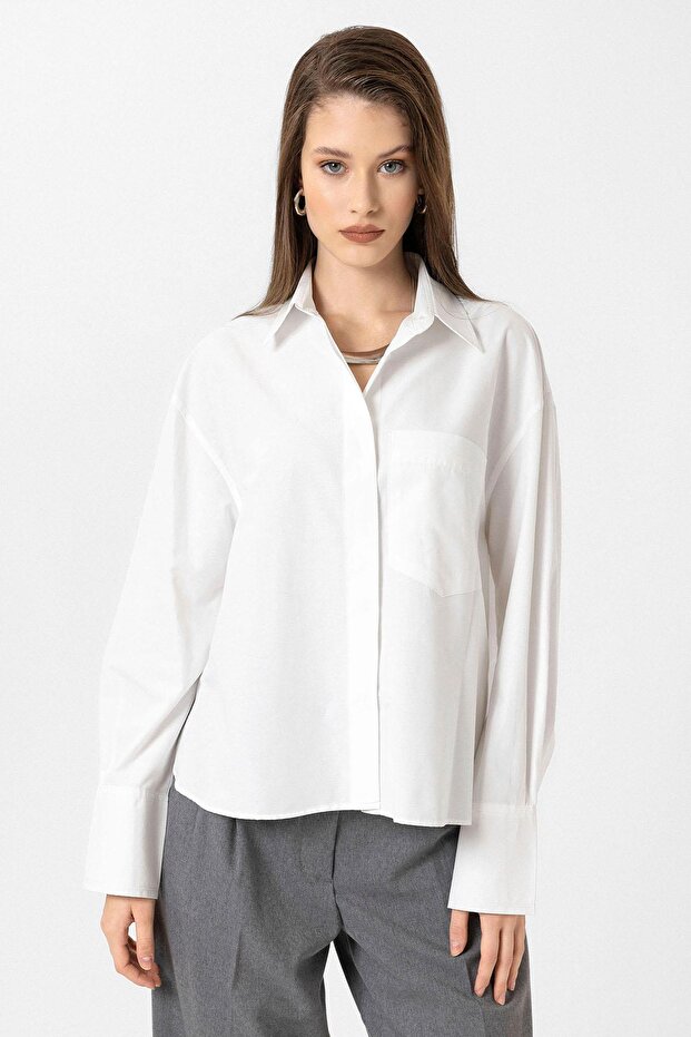 Beyaz Kadın Basic Poplin Gömlek - 1