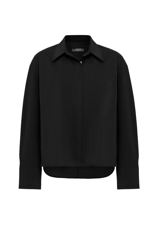 Siyah Kadın Basic Poplin Gömlek - 6