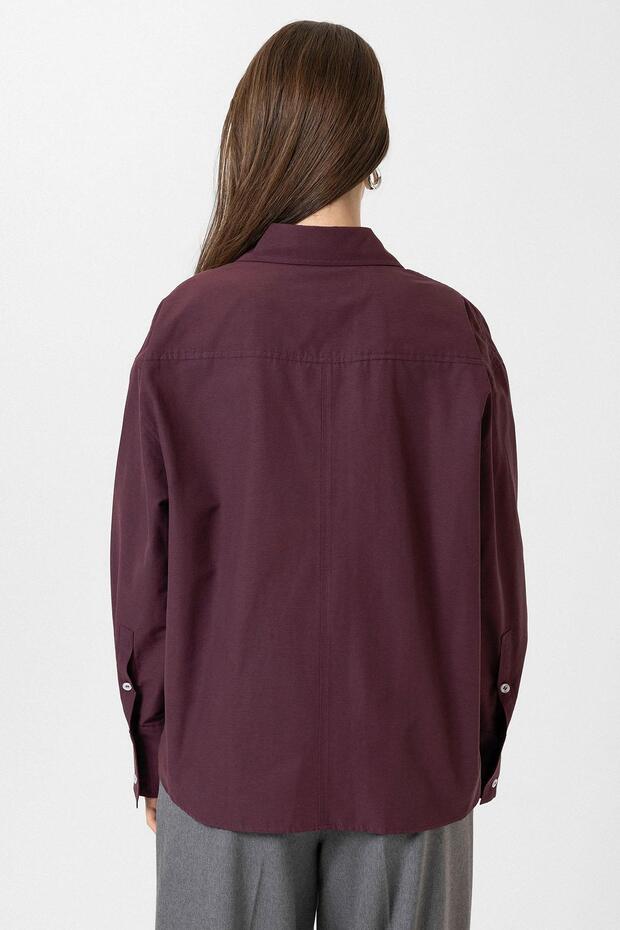 Bordo Kadın Basic Poplin Gömlek - 6