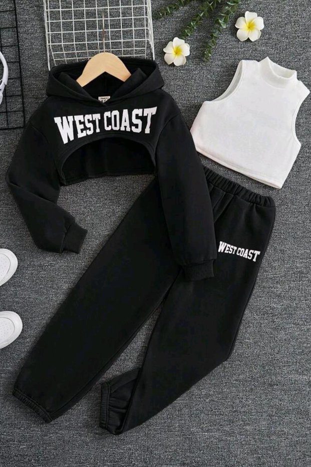 Girls Sleeveless Blouse West Coast Print Hooded Crop Camisole 3-Piece Black Tracksuit Set