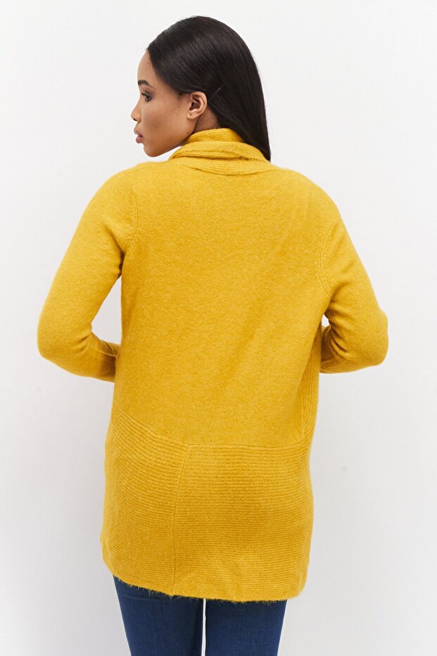 Women Split Neck Long Sleeve Textured Open Front Cardigan, Mustard - 4