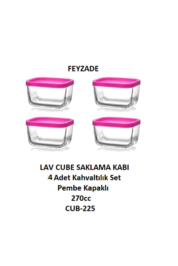 Feyzade Cube Storage Container Set 4 Pieces 270Cc with Pink Lid (Cub-225)