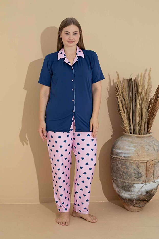 Women's Battal Milan Fabric Short Sleeve Shirt Collar Plus Size Pajamas Set