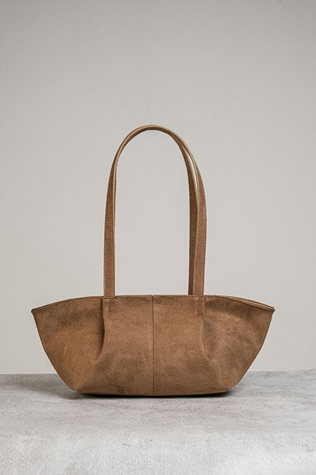 Beige Suede Women's Bag - Double Handle, Model 8225