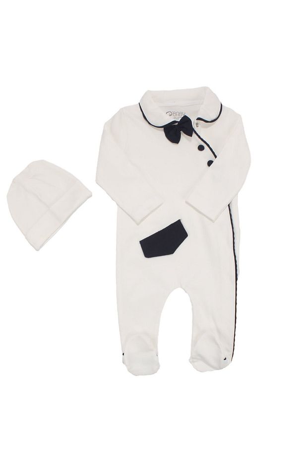 Erkek Bebek Ekru Laci Şeritli Papyonlu Yandan Çıtçıtlı Bereli Tulum - 4