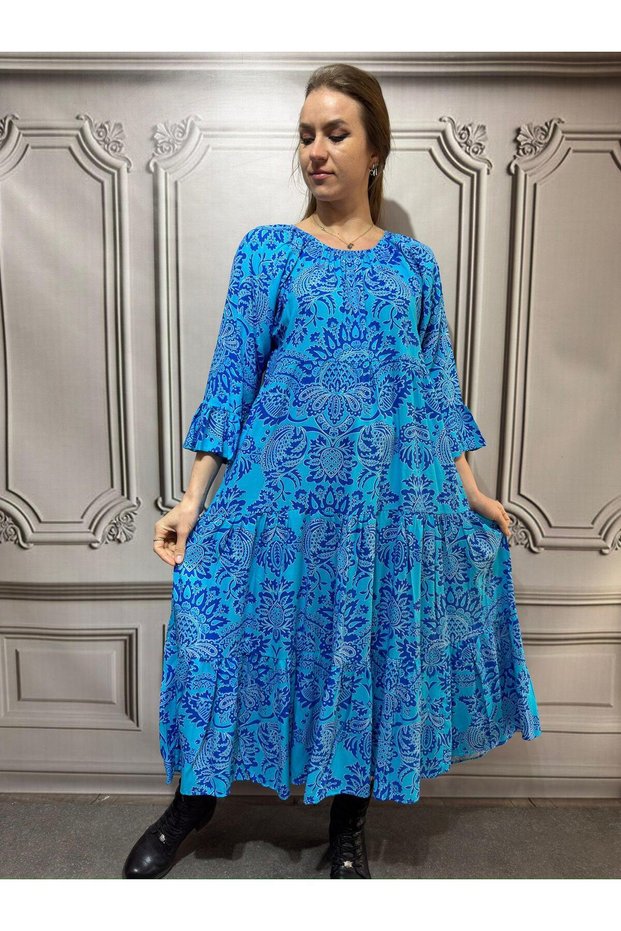 Women's Viscose Fabric Madonna Neck Capri Sleeve Print Dress