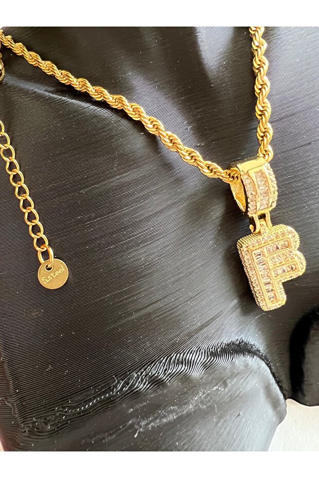 F Harf Çelik Kolye Taşlı 60 Cm - 2