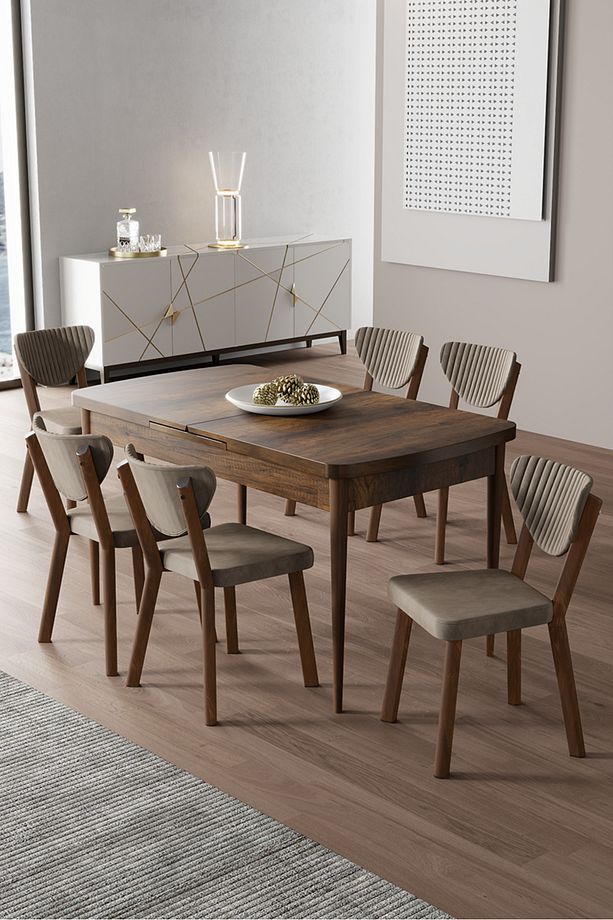 Exve Serisi 80x132 Açılabilir Barok Ahşap Desen Masa Takımı ve 6 Cappucino Sandalye - 1