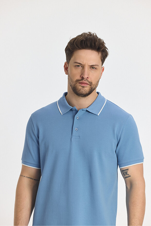 Ricos Men's Slim Fit Blue 100% Cotton Non-Shrink Fabric Lapel Detailed Polo Neck T-Shirt