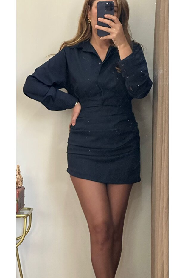 LACİVERT DRAPELİ MİNİ ELBİSE - 2