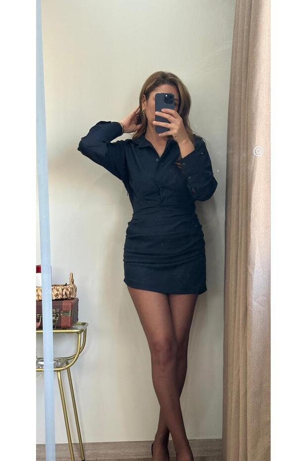 LACİVERT DRAPELİ MİNİ ELBİSE - 5