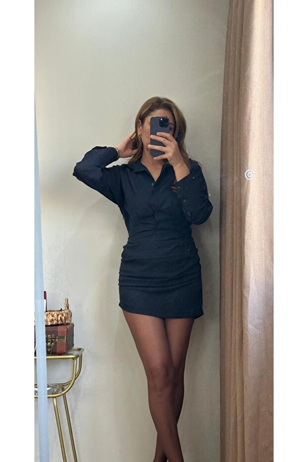 LACİVERT DRAPELİ MİNİ ELBİSE - 4