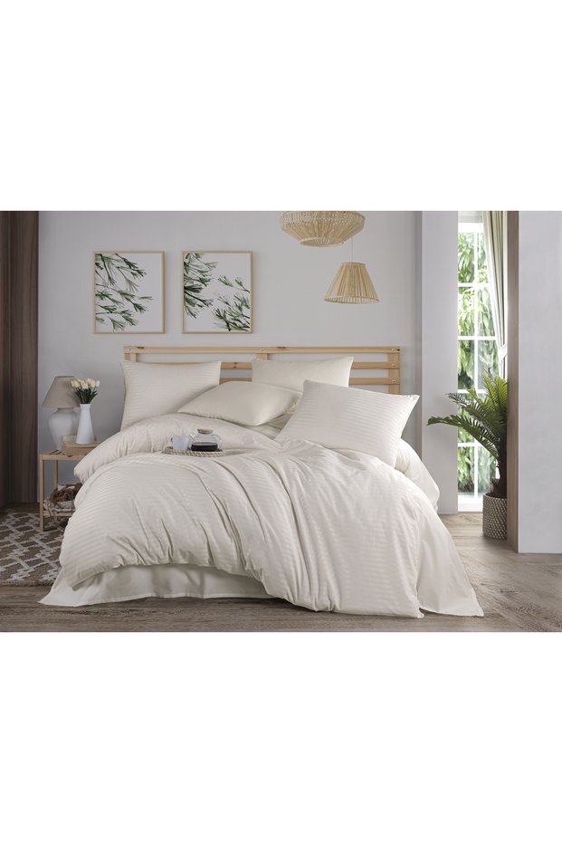 Double Striped Duvet Cover Set - Organic Thread, Natural Color Set of 6