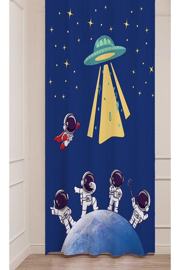 Astronot Uzay Gezegen Ay Yıldız Özel Tasarım Dijital Baskılı (Tek Kanat) Modern Çocuk Oda Fon Perde - 2