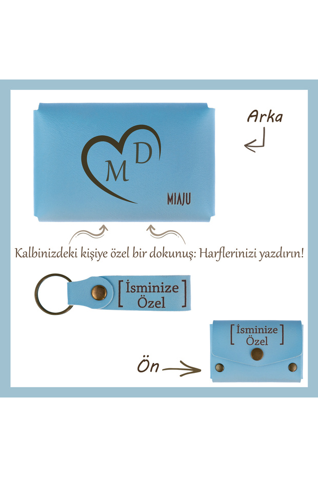 Light Blue, One Heart, One Love! Special Design Name and Letter Customized Wallet & Keychain Set for Your Lover
