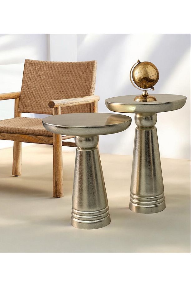 Ahşap 2’li Set Handmade Mantar Yan Sehpa Modern Gümüş Renk Varak Jelatin Fiskos Zigon Çiçeklik - 1