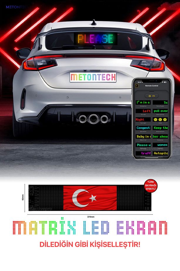 Araç Led Ekran | Kayan Yazı Animasyon, Türk Bayrağı Efektli | Matrix Led Panel, Emoji, Car Led Panel - 1