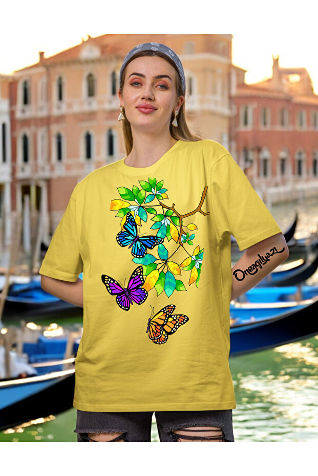 Tree Butterfly Design Printed Women's T-Shirt