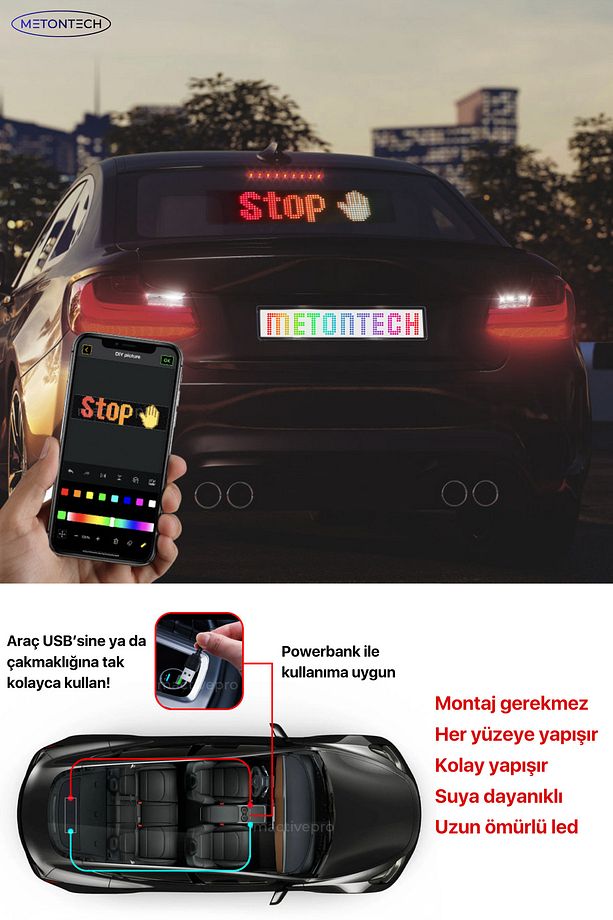 Araç Led Ekran | Kayan Yazı Animasyon, Türk Bayrağı Efektli | Matrix Led Panel, Emoji, Car Led Panel - 3