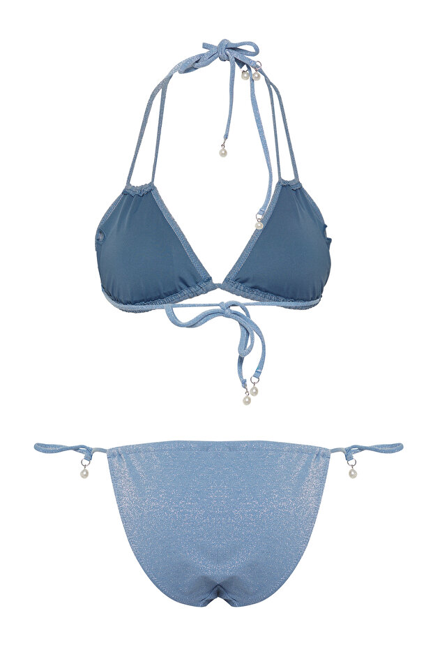 Mavi Aksesuarlı Üçgen Kaplı Brazilian Düşük Bel Bikini Takımı TBESS25BT00018 - 6